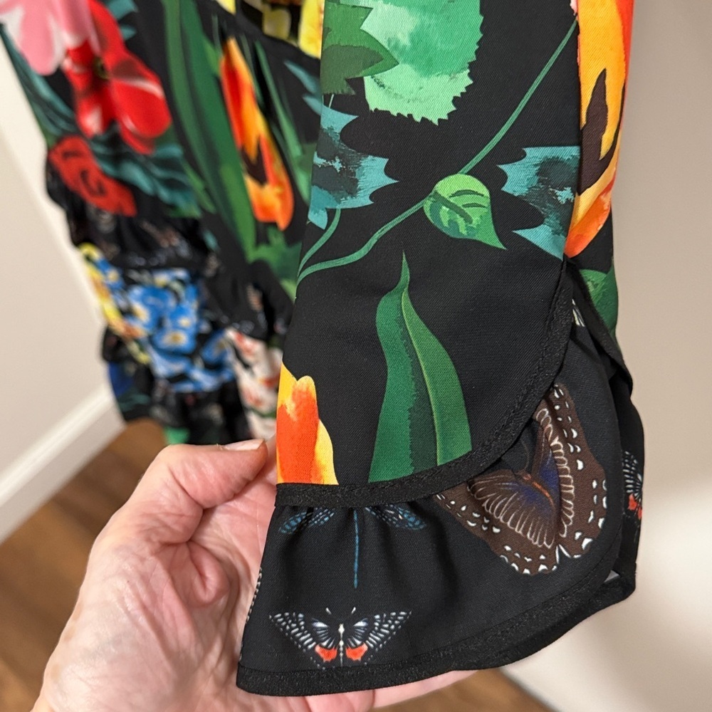 Black Floral & Butterfly Print Dress with Ruffle Details. Womens Size Small. - Picture 5 of 9
